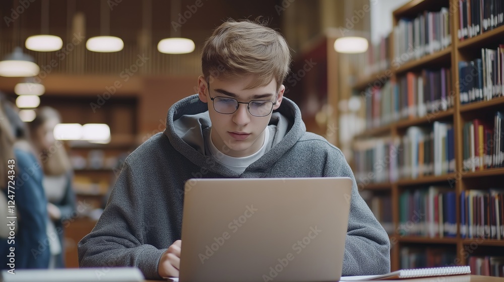 Poster a focused student sits at a table in a library, immersed in his laptop work. shelves filled with boo