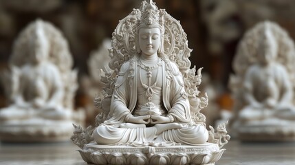 Obraz premium Serene White Statue of Bodhisattva in Tranquil Meditation Setting