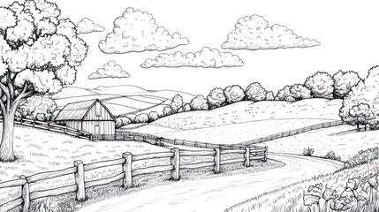 Fototapeta premium Rural road, barn, rolling hills, idyllic countryside, coloring page