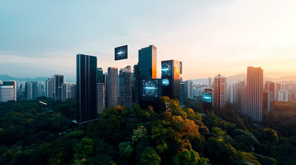 Urban skyline transformation modern architecture in a lush green environment aerial view city development concept