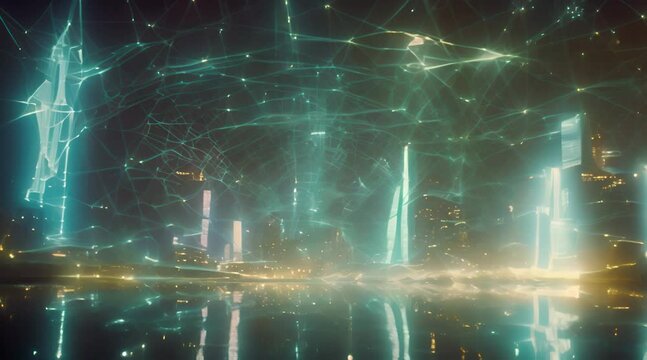 A vibrant graphic visualization overlaid with swirling digital data streams, glowing network symbols pulsating like stars