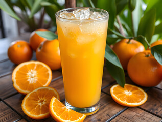 ice cold glass of fresh orange juice placed on a tropical wooden table with whole and sliced oranges around it