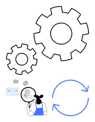 Businessperson examining financial icons with magnifying glass, oversized gears, blue arrow illustrating cycle. Ideal for finance analysis, efficiency, processes, innovation, development, workflow