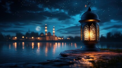 Fototapeta premium Serene Night at the Mosque: Ramadan Lantern by the Lake