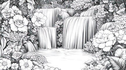Waterfall, flowers, lush garden, tranquil scene, nature art
