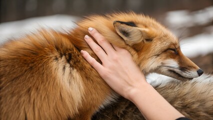 Obraz premium A hand gently strokes the thick, warm fur of a red fox in a natural outdoor setting. A moment of trust and connection between human and wildlife, symbolizing care and harmony.