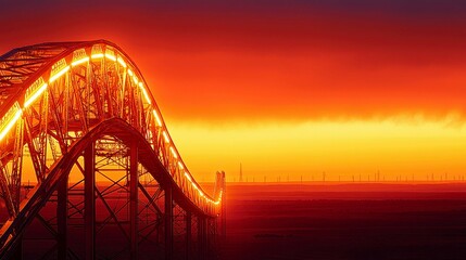 Obraz premium Fiery Sunset over a Modern Steel Bridge: A Stunning Panorama of Industrial Architecture and Natural Beauty