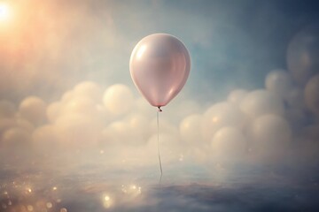 Obraz premium A solitary pale balloon floats serenely above a shimmering, ethereal landscape, its delicate string reaching towards a reflective surface, creating a dreamy, peaceful scene.