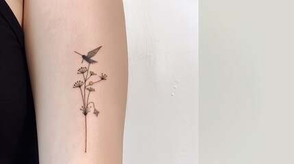 Close-up of a delicate hummingbird and wildflowers tattoo on a woman's arm.