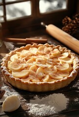 Freshly Baked Apple Pie with Cinnamon on Rustic Wooden Table Surrounded by Baking Tools and Natural Light from Window