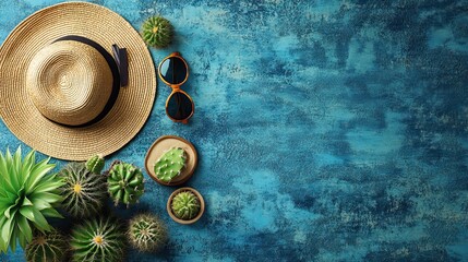 a vibrant collection of summer beach essentials including a straw hat, sunglasses, flip flops, and decorative cacti against a striking blue wooden background, perfect for vacation and travel themes.