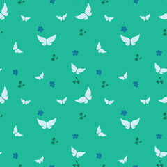 Green cute seamless pattern with butterflies. Vector pattern with butterfly in cute style, for wallpaper, for fabric, for dishes, for clothes