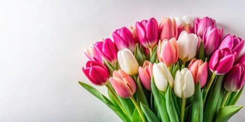 Obraz premium A vibrant bouquet of pink and white tulips arranged artfully against a soft, light background.