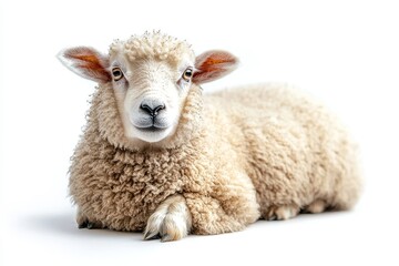 Full-Body Photograph of an Adult Sheep Sitting Down, Isolated on a White Background. High-Resolution Image Perfect for Detailed Viewing.