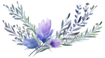 Watercolor painting of a delicate bouquet featuring purple and blue flowers and leaves, isolated on white background.