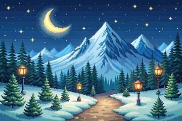Serene Winter Night Scene Illuminated Path Through Snowy Forest to Majestic Mountains Under Crescent Moon