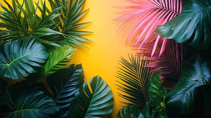 Naklejka premium a vibrant image showing different types of tropical palm leaves artistically arranged on a duo-tone background of bright yellow and soft pink.