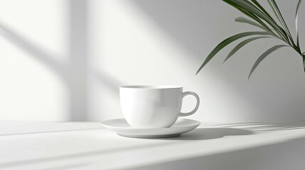 Obraz premium White coffee cup and saucer on a white surface with sunlight and plant shadows.