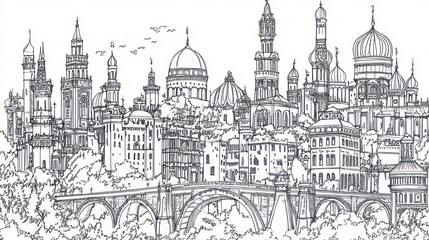 Cityscape sketch, bridge, river, buildings, domes, birds, travel, illustration