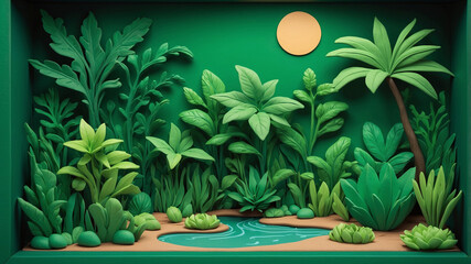Obraz premium Artistic Plasticine Clay Wall Gypsum Sculpture with Green Trees and Vivid Plants Creating a Peaceful Forest Atmosphere