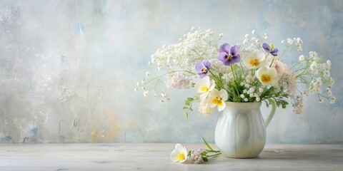 A delicate arrangement of spring blossoms, pansies, and baby's breath in a pristine white pitcher, resting on a weathered wooden surface against a soft blue backdrop