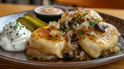 A plate of pierogi filled with sauerkraut and mushrooms