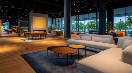 Fototapeta premium Modern furniture showroom showcasing elegant sofas and tables with large windows and greenery outside
