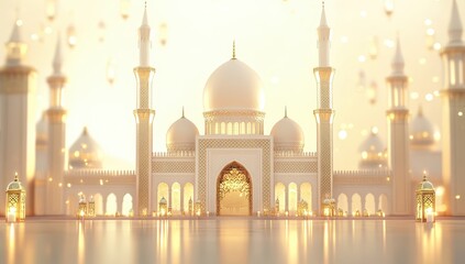Naklejka premium Majestic mosque at sunrise with lanterns.
