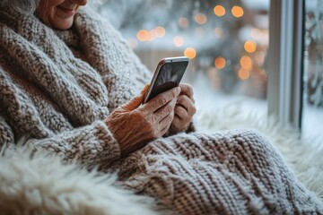 Cozy Elderly Woman Using Smartphone While Sitting in Comfortable Chair by Window with Snow