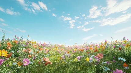 Vibrant Flower Field Under Blue Sky with Soft Clouds