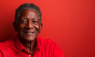Smiling elderly man in a bright red shirt against a vibrant red backdrop showcasing warmth and joy