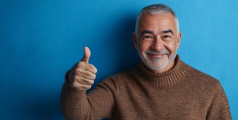 Naklejka premium Smiling older man shows thumbs up against a blue background while wearing a cozy sweater