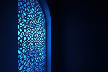 Blue illuminated arched lattice window.