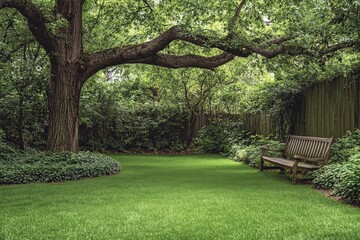 Beautiful Green Lawn with Bushes and Trees in the Garden, a Summer Landscape. Lush Vegetation and Tranquil Outdoor Setting.