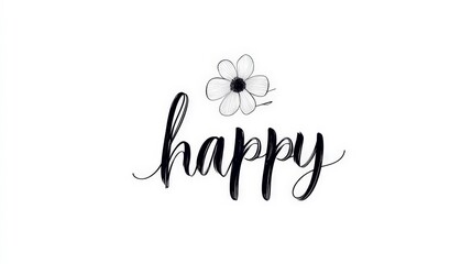 Handwritten Happy with Flower Accent on White Background Design