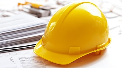 Yellow hard hat placed on a stack of blueprint and papers in a construction office setting