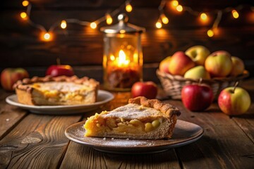 Warm autumnal evening ambiance featuring a delectable slice of apple pie, accompanied by a whole pie and a basket of ripe apples, all illuminated by soft candlelight and string lights.