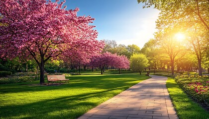 Spring park path blossoms sunlit