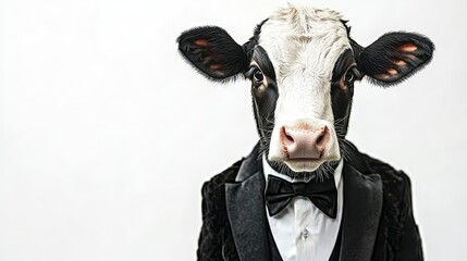 Cow in a tuxedo celebrates birthday with balloons and hat festive event indoor setting playful concept