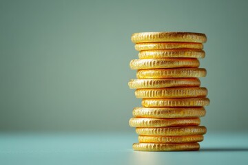 Stack of gold coins arranged on a reflective surface