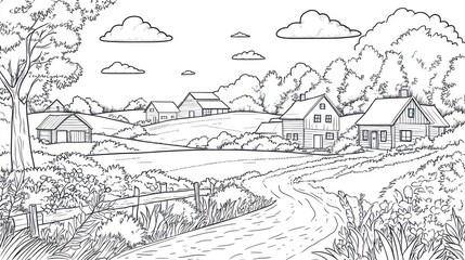 Obraz premium Peaceful countryside lane, houses, trees, coloring page