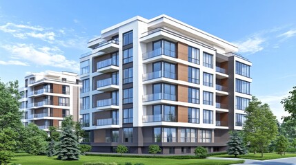 Modern residential buildings with balconies surrounded by greenery under a clear blue sky