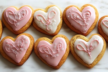 Heart shaped cookies arranged on a white table surface ready for a celebration or special occasion
