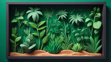 Fototapeta premium Elegant Plasticine Clay Wall Gypsum Sculpture Featuring Vibrant Green Trees Lush Plants and Forest Elements for Tranquil Interiors