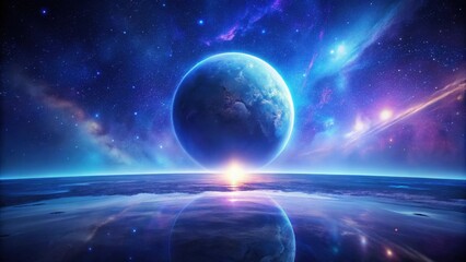 A Celestial Body's Reflection on a Tranquil Cosmic Ocean, Illuminated by a Radiant Sunrise, Amidst a Starry Nebula and Glowing Celestial Dust