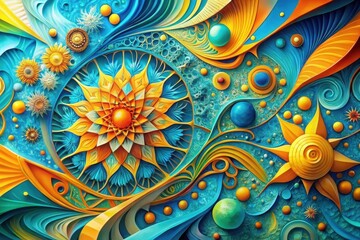 An Abstract Tapestry of Intricate Floral and Orb Designs in Vibrant Hues of Turquoise and Golden Yellow