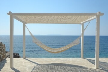 Serene Hammock Haven: Coastal Relaxation under a Grecian Sun.