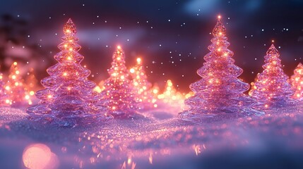 Abstract surreal Xmas background. Holographic purple, pink, blue neon color crystal glass Christmas trees. Trendy disco club lighted winter 3D scene. Festive decoration.
