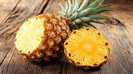 Ripe pineapple cut in half on wooden table.