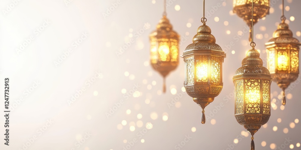 Poster glowing lanterns hanging against a bokeh background.